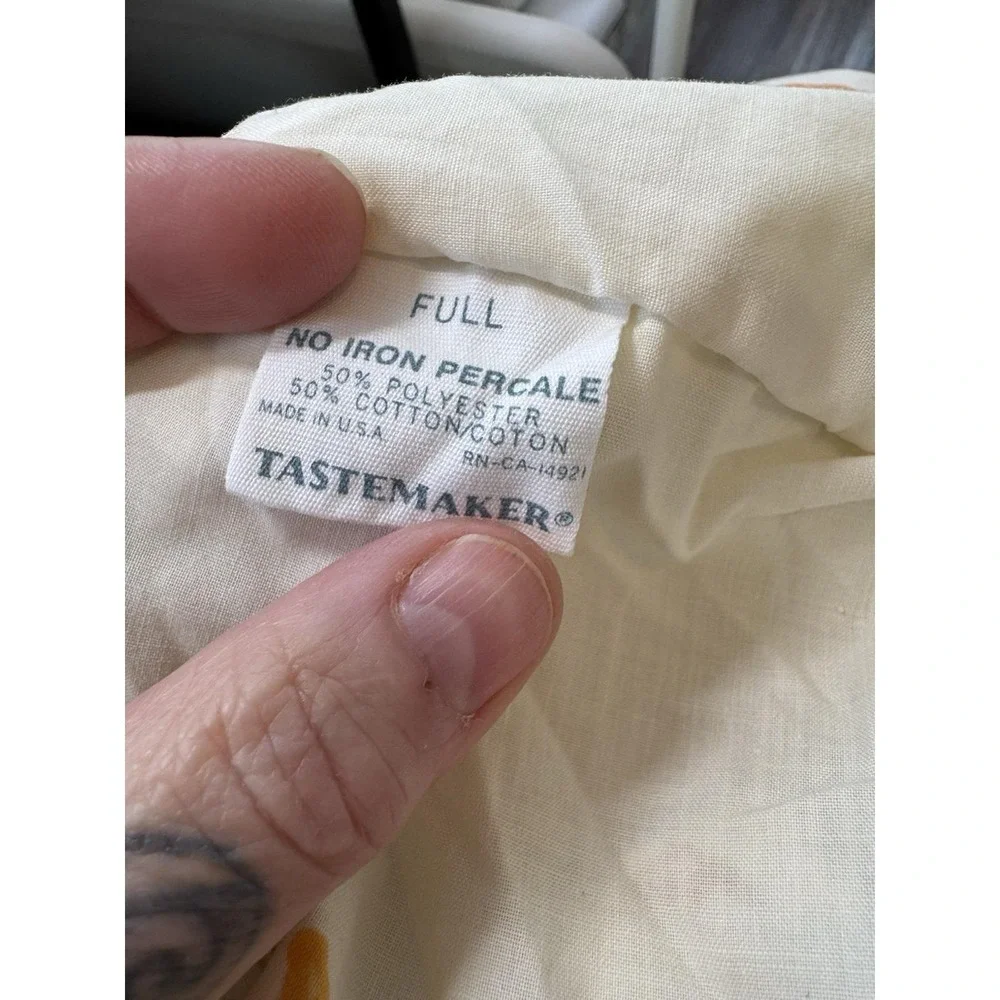 VTG FULL Sheet Set Tan Orange Blue Floral Flowers Tastemaker Percale 70s‎ Hippie